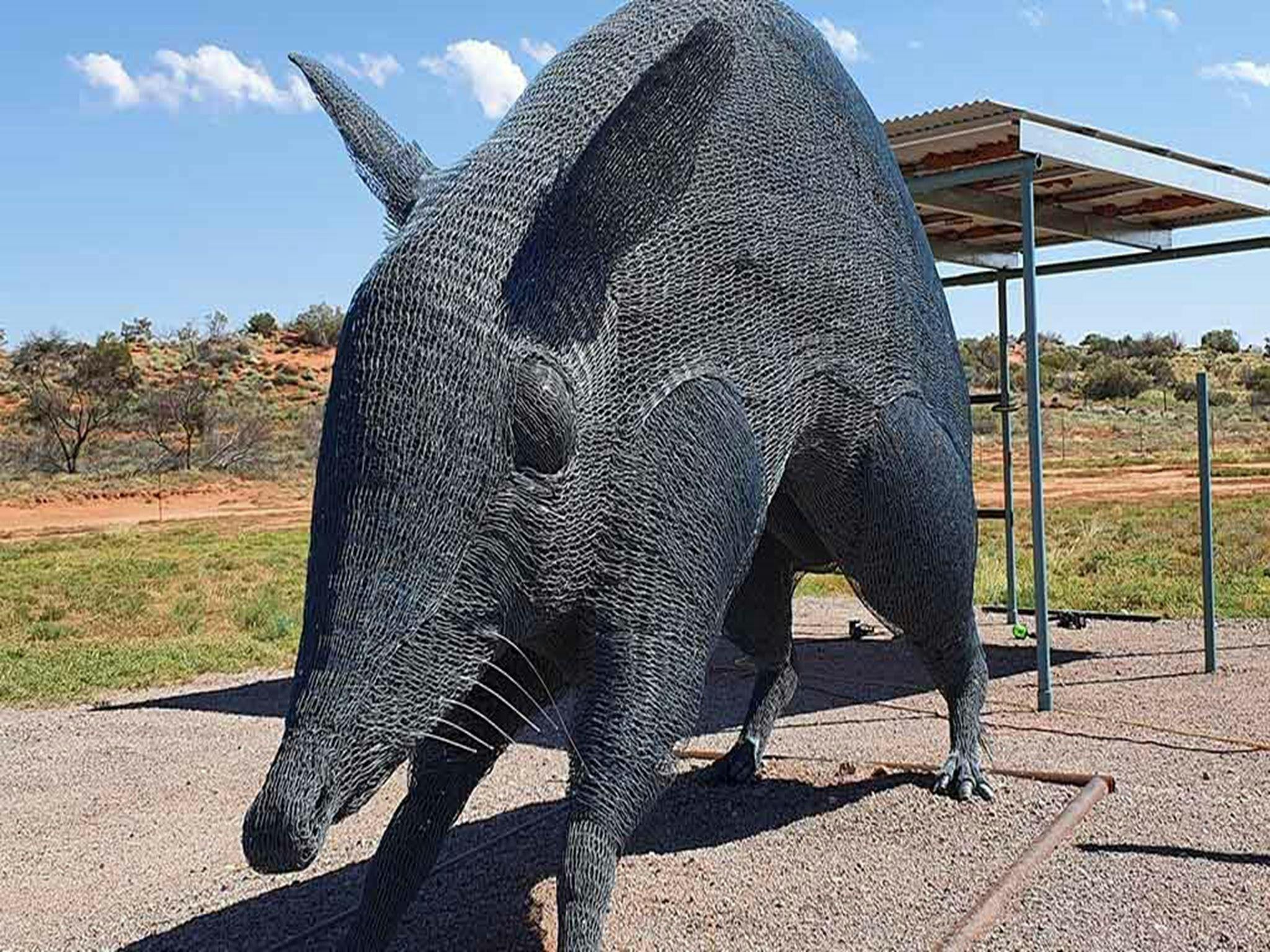 Mesh sculpture of a western barred bandicoot at Talpero lookout, Sturt National Park. Photo: Jo